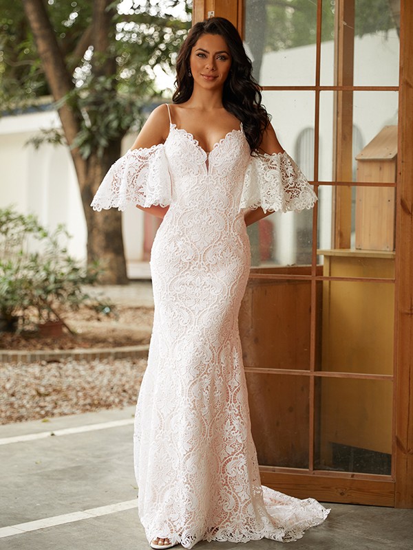 Sheath/Column Lace V-neck Short Sleeves Sweep/Brush Train Wedding Dresses 1399