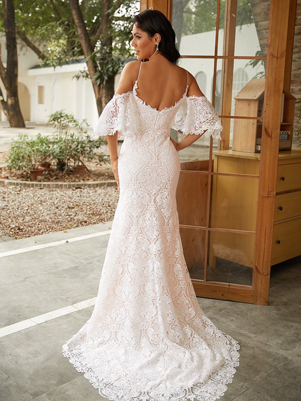 Sheath/Column Lace V-neck Short Sleeves Sweep/Brush Train Wedding Dresses 1399