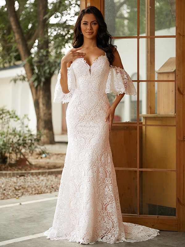 Sheath/Column Lace V-neck Short Sleeves Sweep/Brush Train Wedding Dresses 1399