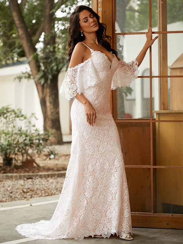 Sheath/Column Lace V-neck Short Sleeves Sweep/Brush Train Wedding Dresses 1399