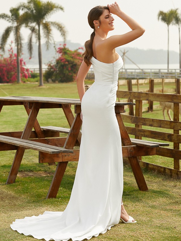 Sheath/Column Charmeuse Ruched One-Shoulder Sleeveless Court Train Wedding Dresses 1355