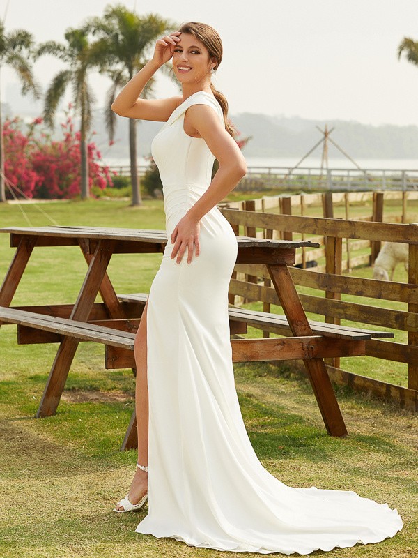 Sheath/Column Charmeuse Ruched One-Shoulder Sleeveless Court Train Wedding Dresses 1355