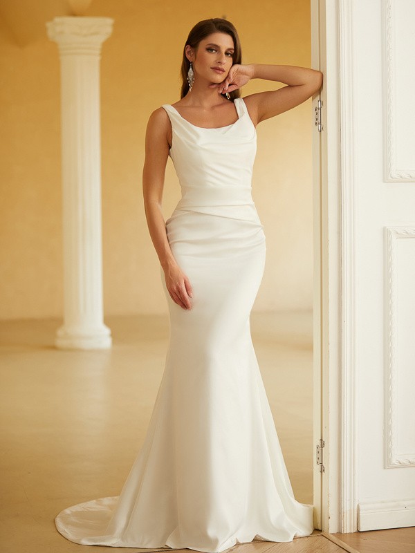 Sheath/Column Charmeuse Ruched Straps Sleeveless Sweep/Brush Train Wedding Dresses 1358