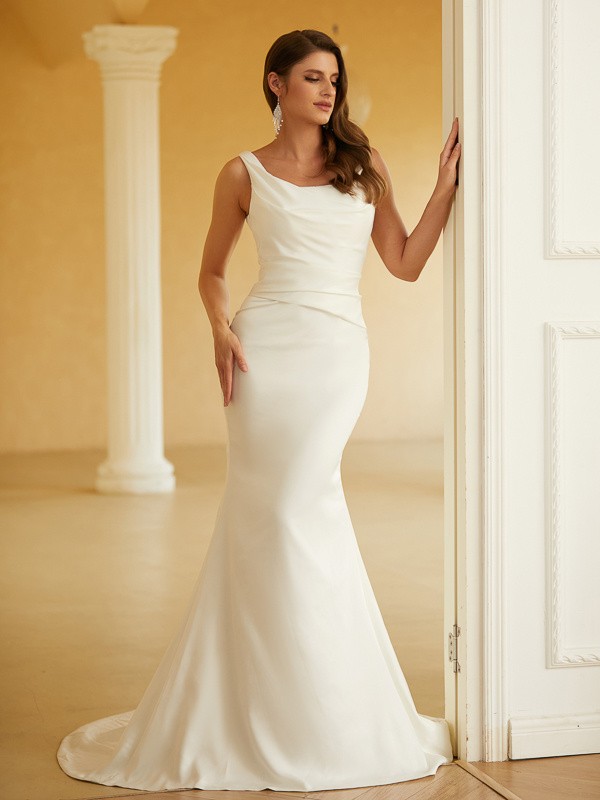 Sheath/Column Charmeuse Ruched Straps Sleeveless Sweep/Brush Train Wedding Dresses 1358