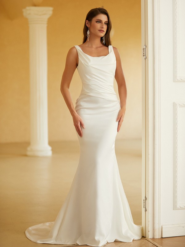 Sheath/Column Charmeuse Ruched Straps Sleeveless Sweep/Brush Train Wedding Dresses 1358