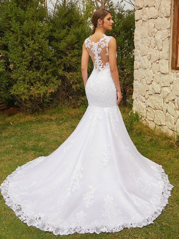 Trumpet/Mermaid Tulle Lace Scoop Sleeveless Court Train Wedding Dresses 1728