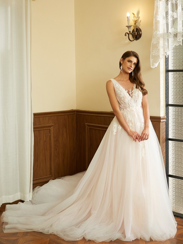 A-Line/Princess Tulle Applique V-neck Sleeveless Cathedral Train Wedding Dresses 1014