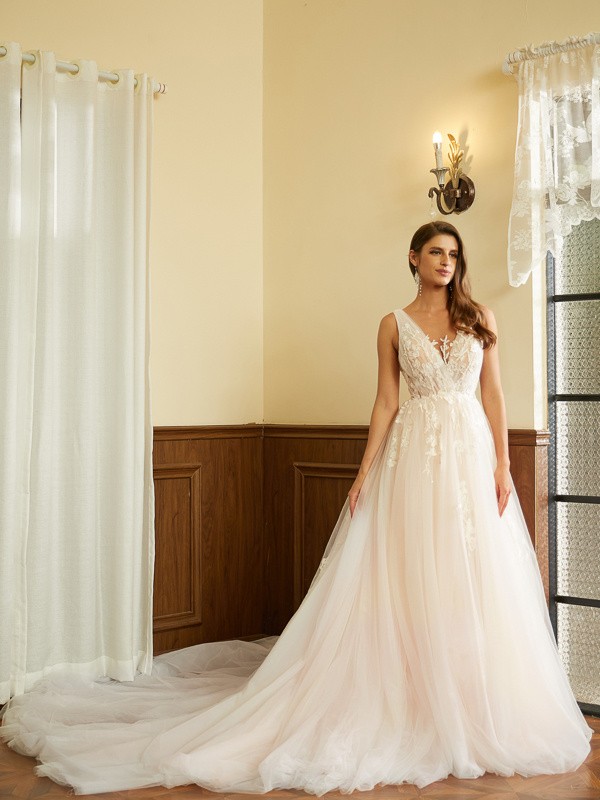 A-Line/Princess Tulle Applique V-neck Sleeveless Cathedral Train Wedding Dresses 1014