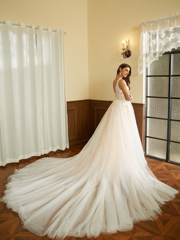 A-Line/Princess Tulle Applique V-neck Sleeveless Cathedral Train Wedding Dresses 1014