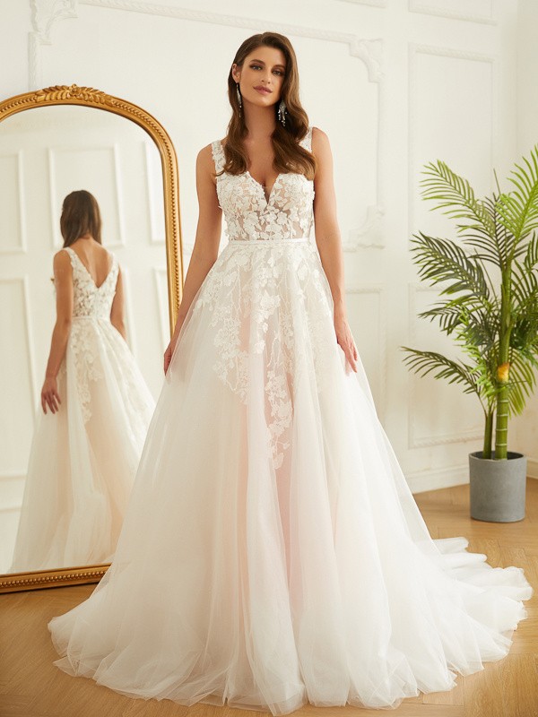 A-Line/Princess Tulle Applique V-neck Sleeveless Chapel Train Wedding Dresses 1015