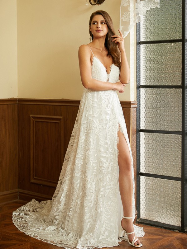 A-Line/Princess Lace V-neck Sleeveless Chapel Train Wedding Dresses 749