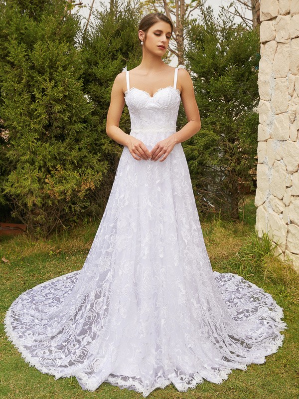 A-Line/Princess Lace Spaghetti Straps Sleeveless Chapel Train Wedding Dresses 744