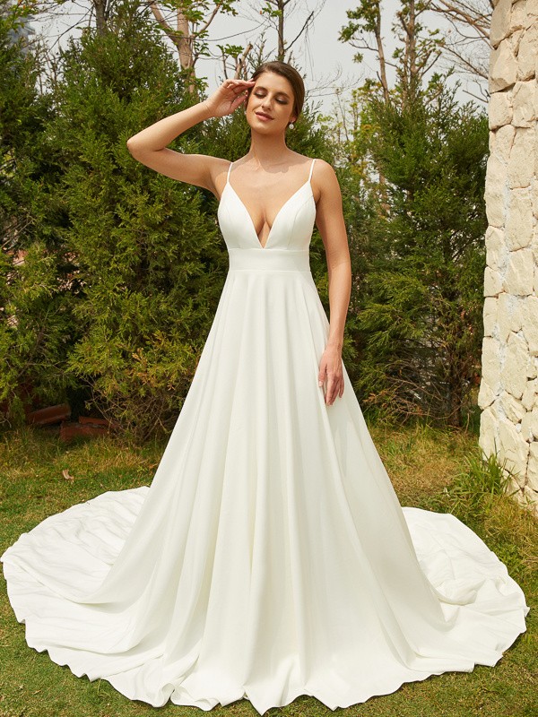 A-Line/Princess Stretch Crepe Lace V-neck Sleeveless Cathedral Train Wedding Dresses 941