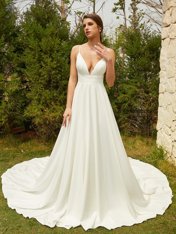 A-Line/Princess Stretch Crepe Lace V-neck Sleeveless Cathedral Train Wedding Dresses 941