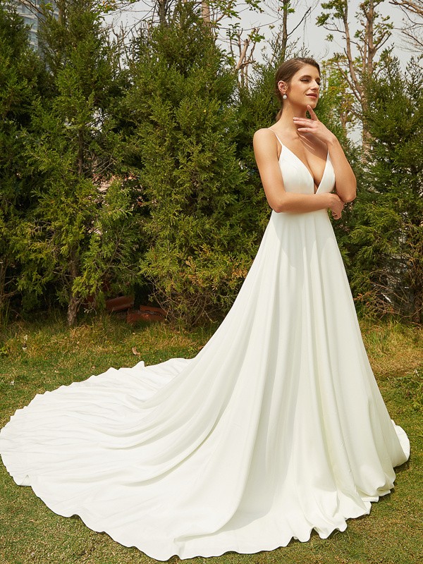 A-Line/Princess Stretch Crepe Lace V-neck Sleeveless Cathedral Train Wedding Dresses 941