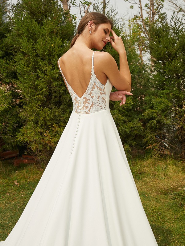 A-Line/Princess Stretch Crepe Lace V-neck Sleeveless Cathedral Train Wedding Dresses 941