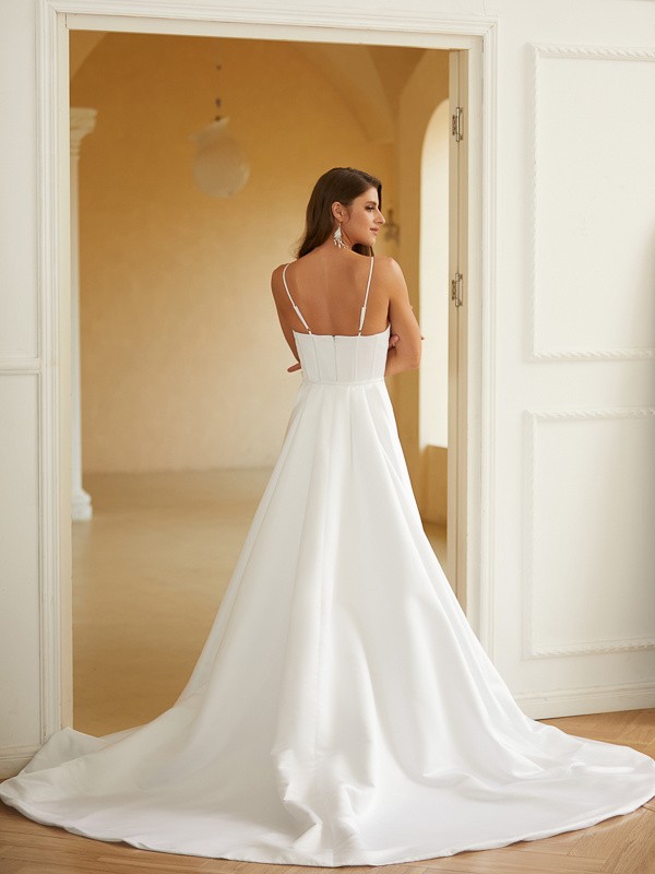 Sheath/Column Charmeuse Ruched Spaghetti Straps Sleeveless Court Train Wedding Dresses 1356