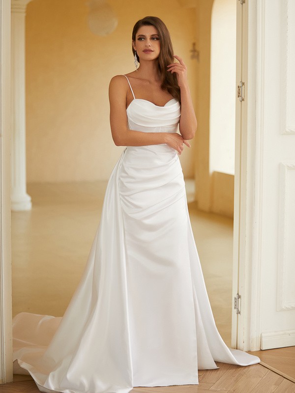 Sheath/Column Charmeuse Ruched Spaghetti Straps Sleeveless Court Train Wedding Dresses 1356