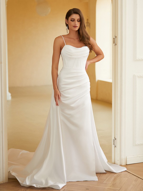 Sheath/Column Charmeuse Ruched Spaghetti Straps Sleeveless Court Train Wedding Dresses 1356