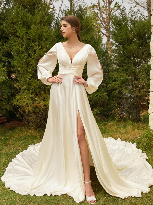 A-Line/Princess Satin Chiffon Ruched V-neck Long Sleeves Cathedral Train Wedding Dresses 801