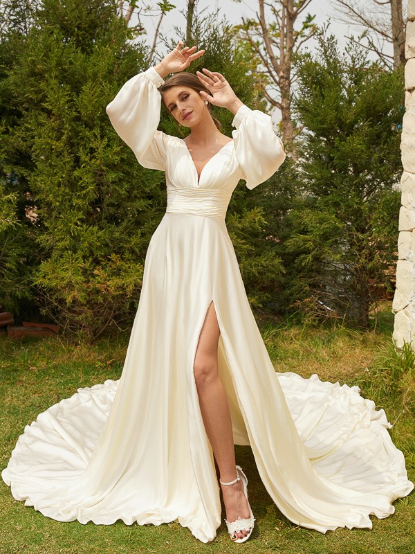 A-Line/Princess Satin Chiffon Ruched V-neck Long Sleeves Cathedral Train Wedding Dresses 801