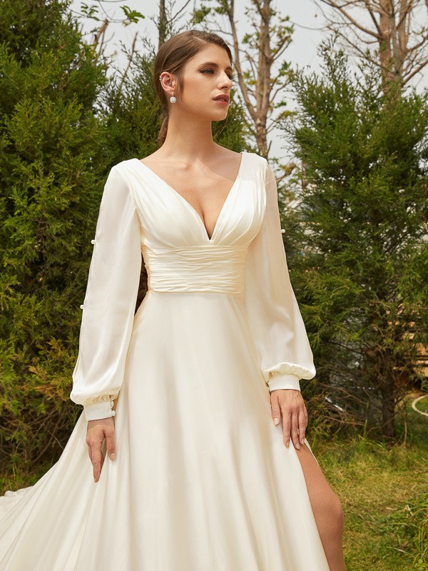 A-Line/Princess Satin Chiffon Ruched V-neck Long Sleeves Cathedral Train Wedding Dresses 801