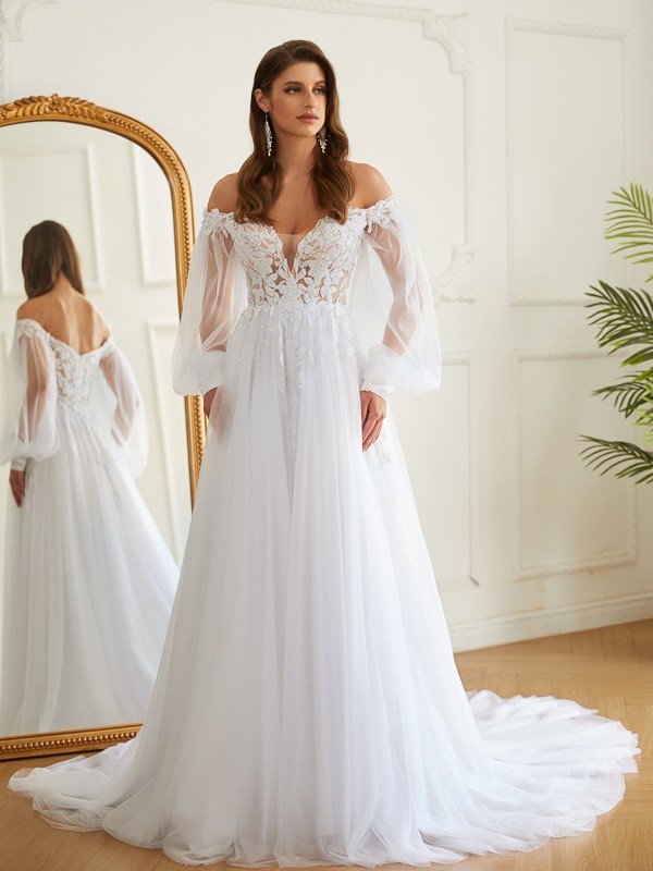 A-Line/Princess Tulle Applique Off-the-Shoulder Long Sleeves Chapel Train Wedding Dresses 974