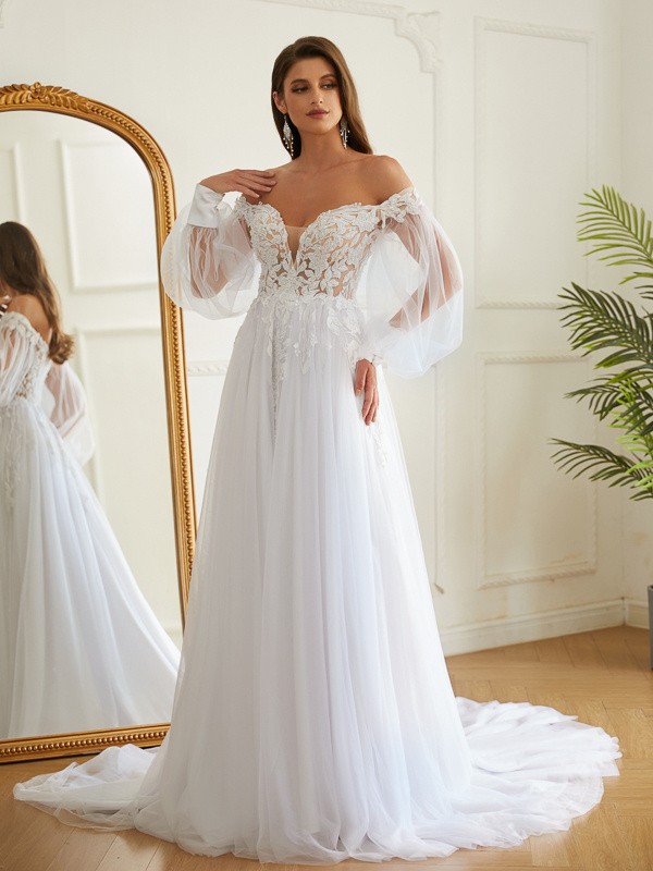 A-Line/Princess Tulle Applique Off-the-Shoulder Long Sleeves Chapel Train Wedding Dresses 974