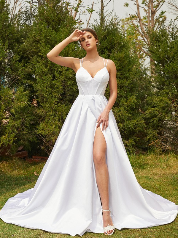 A-Line/Princess Satin Ruffles V-neck Sleeveless Court Train Wedding Dresses 856