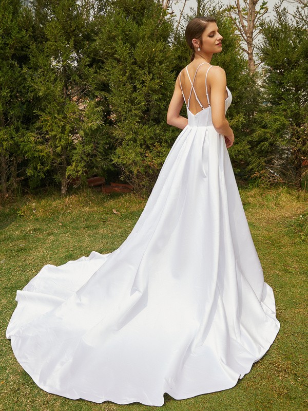 A-Line/Princess Satin Ruffles V-neck Sleeveless Court Train Wedding Dresses 856