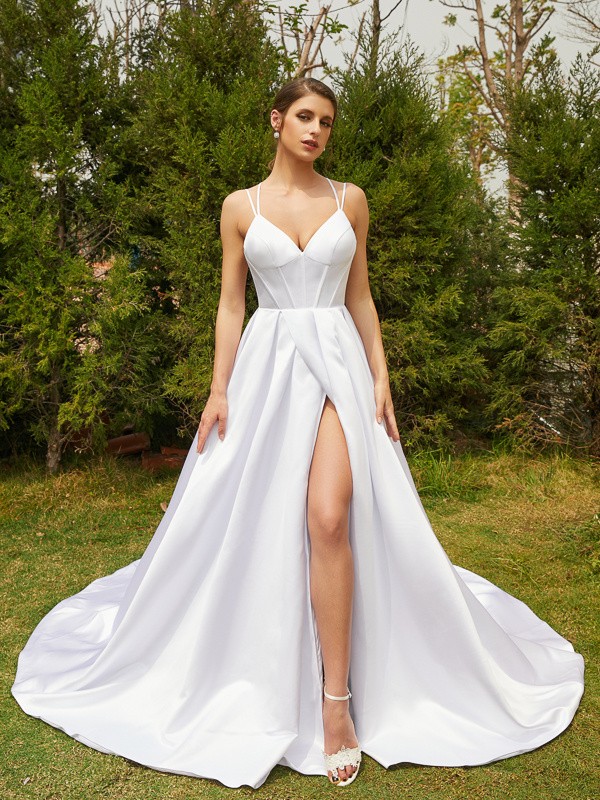 A-Line/Princess Satin Ruffles V-neck Sleeveless Court Train Wedding Dresses 856