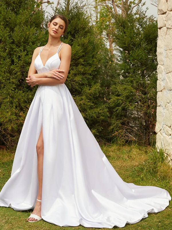 A-Line/Princess Satin Ruffles V-neck Sleeveless Court Train Wedding Dresses 856