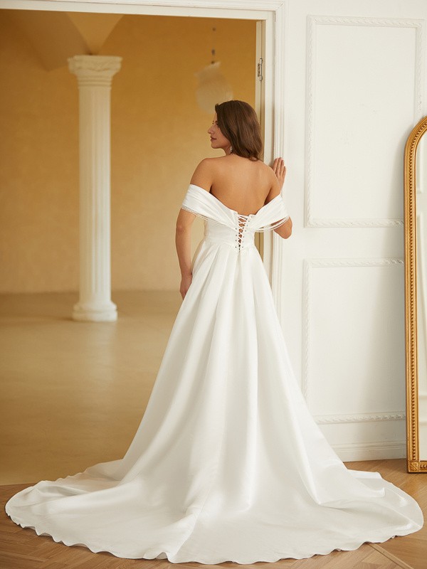 A-Line/Princess Satin Ruched Off-the-Shoulder Sleeveless Chapel Train Wedding Dresses 809