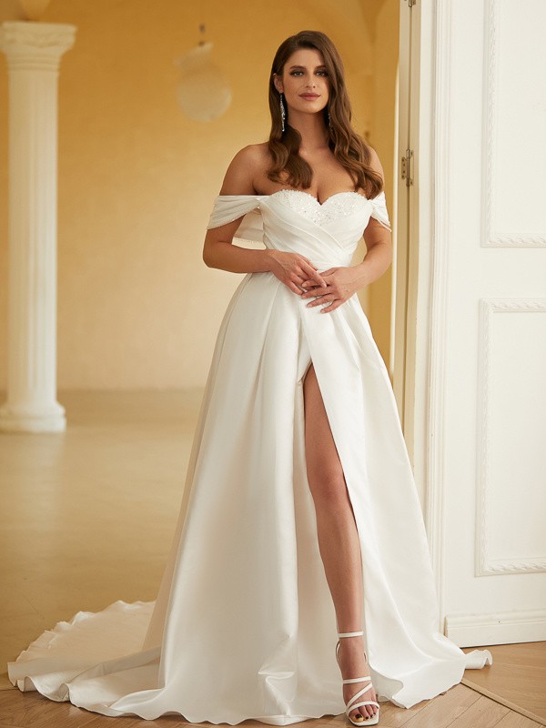 A-Line/Princess Satin Ruched Off-the-Shoulder Sleeveless Chapel Train Wedding Dresses 809