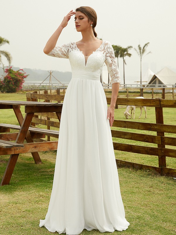 A-Line/Princess Chiffon Lace V-neck 1/2 Sleeves Floor-Length Wedding Dresses 649