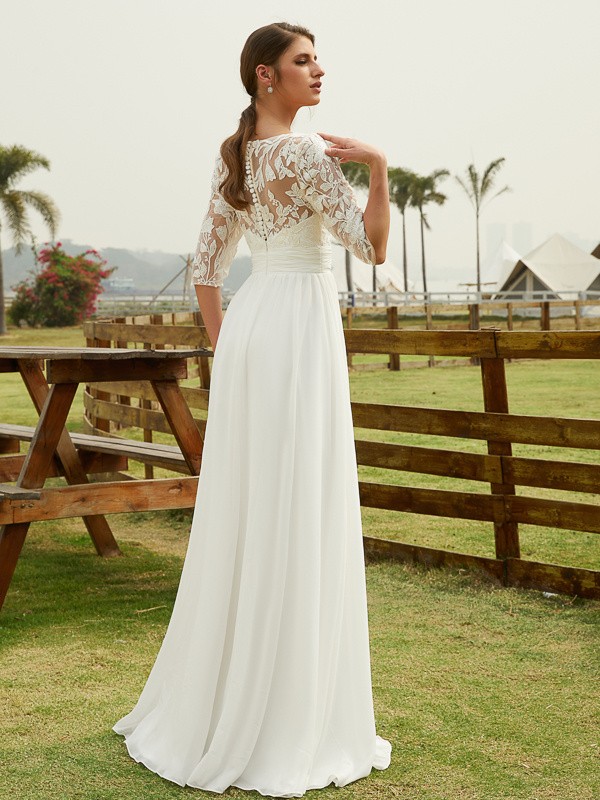 A-Line/Princess Chiffon Lace V-neck 1/2 Sleeves Floor-Length Wedding Dresses 649