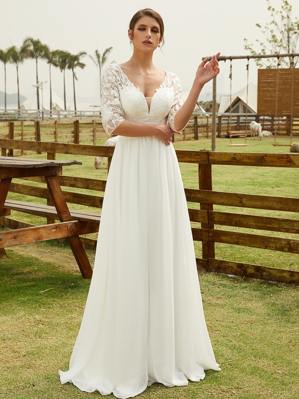 A-Line/Princess Chiffon Lace V-neck 1/2 Sleeves Floor-Length Wedding Dresses 649