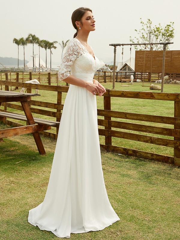 A-Line/Princess Chiffon Lace V-neck 1/2 Sleeves Floor-Length Wedding Dresses 649