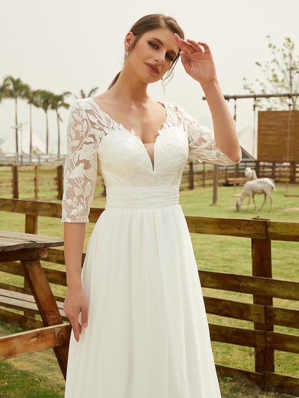 A-Line/Princess Chiffon Lace V-neck 1/2 Sleeves Floor-Length Wedding Dresses 649