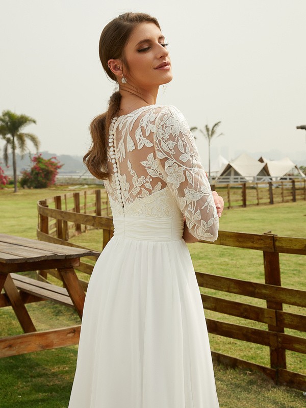 A-Line/Princess Chiffon Lace V-neck 1/2 Sleeves Floor-Length Wedding Dresses 649