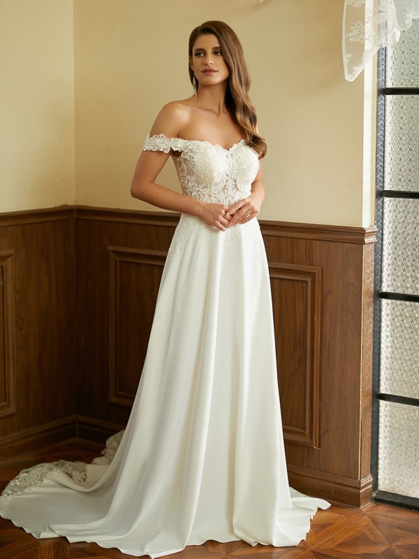 A-Line/Princess Stretch Crepe Lace Off-the-Shoulder Short Sleeves Court Train Wedding Dresses 937