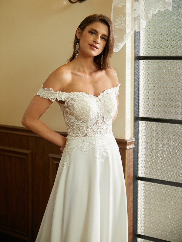 A-Line/Princess Stretch Crepe Lace Off-the-Shoulder Short Sleeves Court Train Wedding Dresses 937