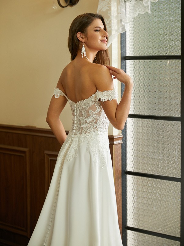 A-Line/Princess Stretch Crepe Lace Off-the-Shoulder Short Sleeves Court Train Wedding Dresses 937