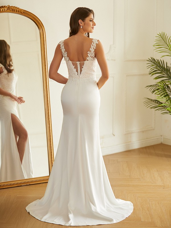 Sheath/Column Charmeuse Lace V-neck Sleeveless Sweep/Brush Train Wedding Dresses 1350