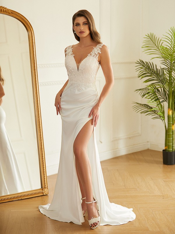 Sheath/Column Charmeuse Lace V-neck Sleeveless Sweep/Brush Train Wedding Dresses 1350