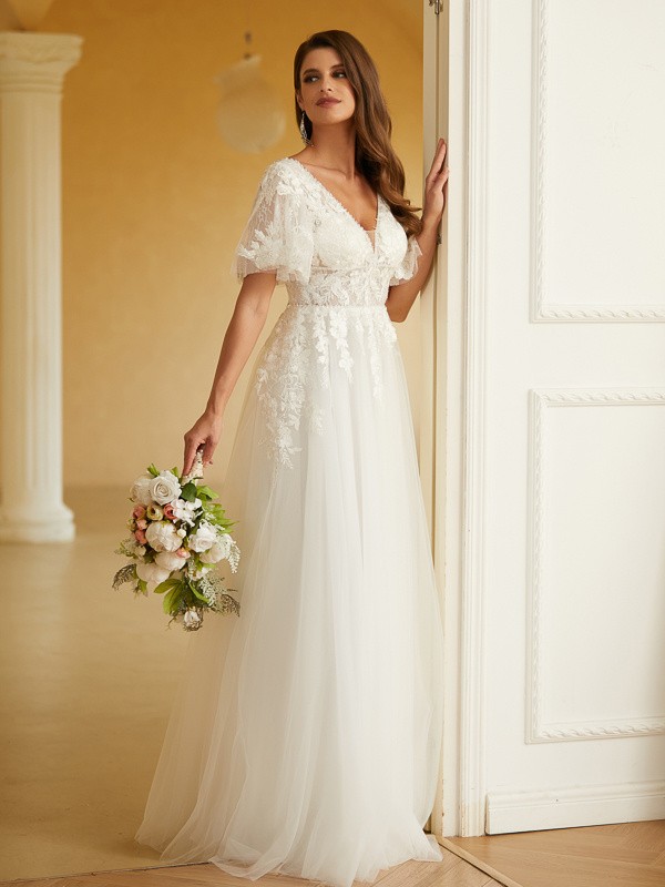 A-Line/Princess Tulle Lace V-neck Short Sleeves Floor-Length Wedding Dresses 1069