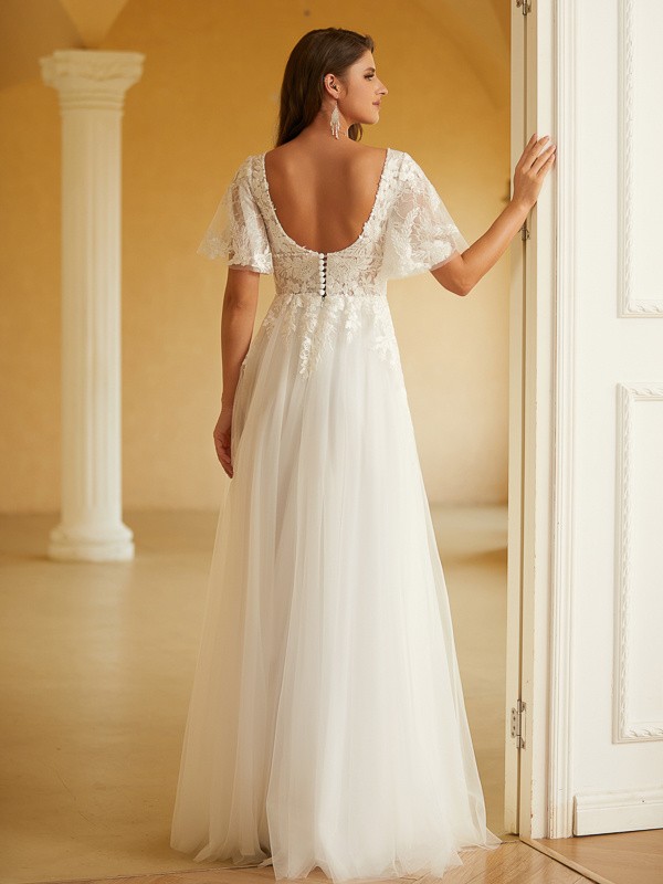 A-Line/Princess Tulle Lace V-neck Short Sleeves Floor-Length Wedding Dresses 1069