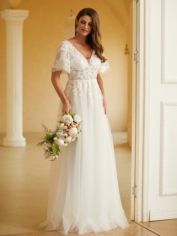 A-Line/Princess Tulle Lace V-neck Short Sleeves Floor-Length Wedding Dresses 1069