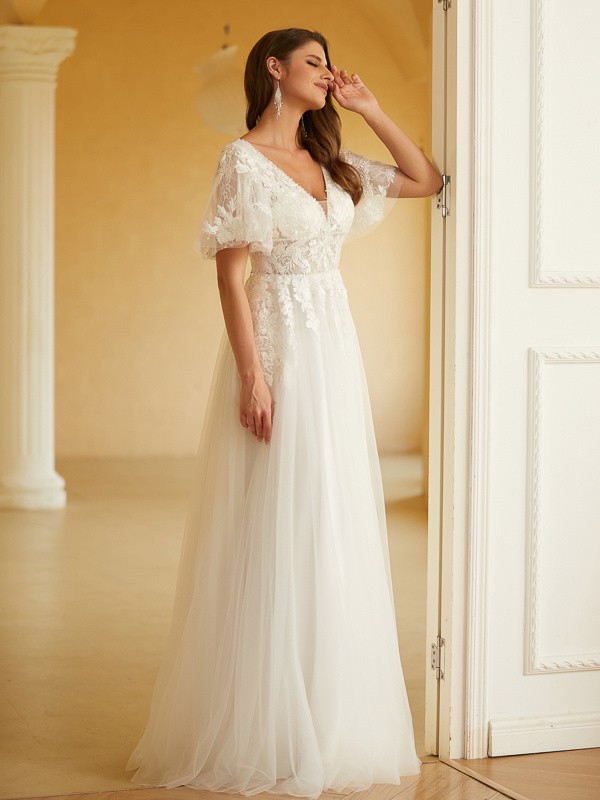 A-Line/Princess Tulle Lace V-neck Short Sleeves Floor-Length Wedding Dresses 1069