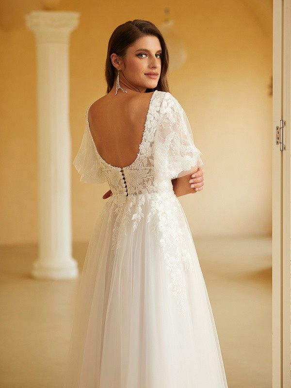 A-Line/Princess Tulle Lace V-neck Short Sleeves Floor-Length Wedding Dresses 1069